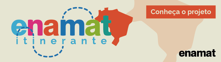 Logo da Enamat envolta por uma trilha de mapa de pirada. Ao final tem um mapa do brasil minimalista. Ao lado tem escrito 