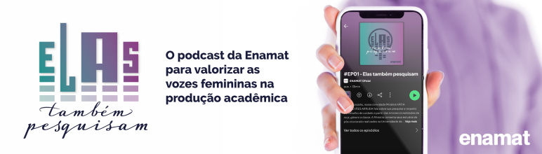Mão feminina segurando um smartphone. Na tela, o app do spotify com a capa do Elas Também Pesquisam. Também está escrito 