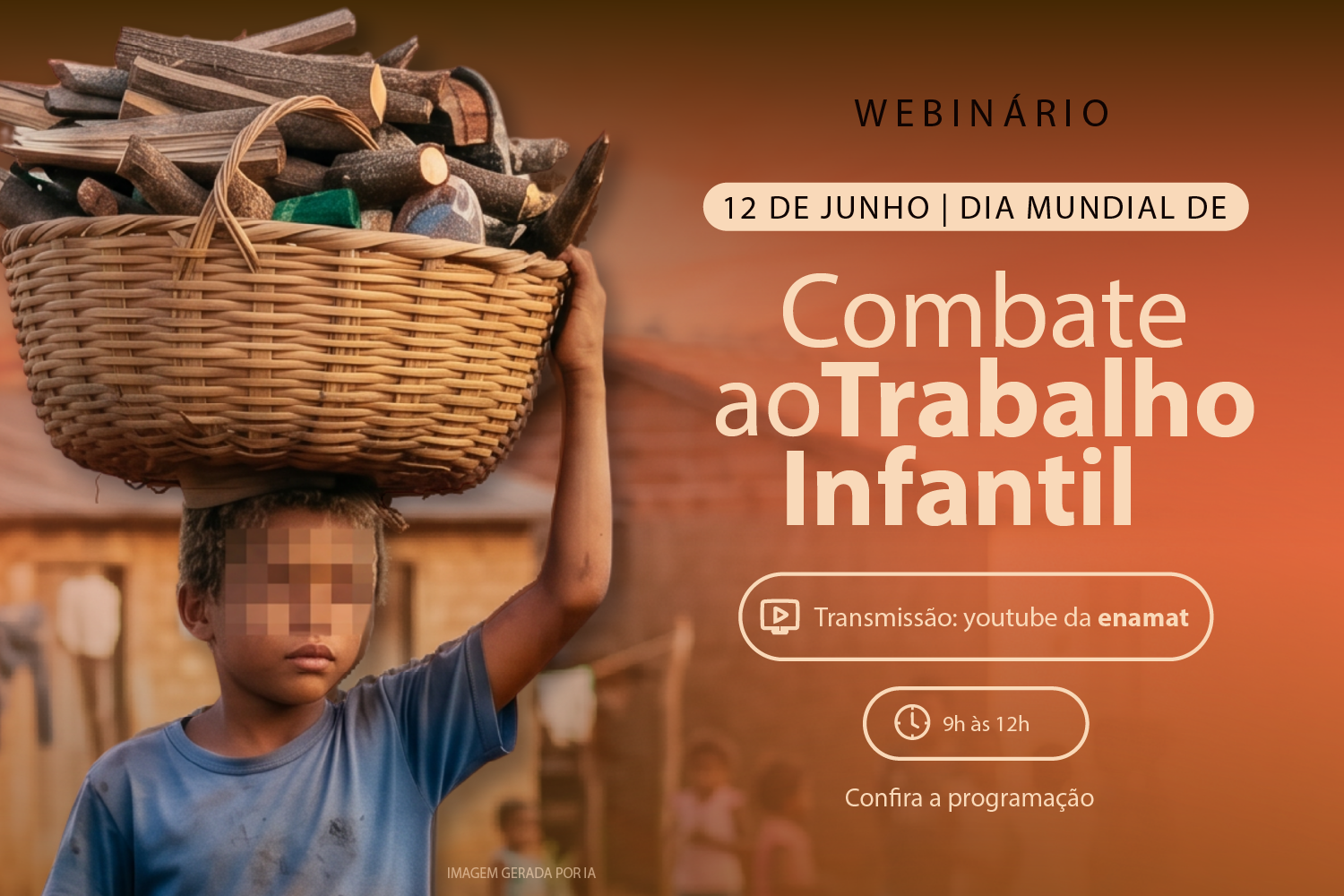 Imagem criada por IA de criança carregando uma bacia com lenhja dentro. O tom é alaranjado