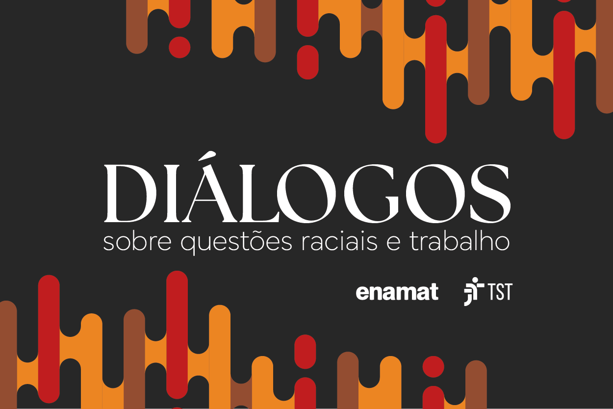 Banner de divulgação do webinário. Fundo preto com elementos grafisco circulares em todns de marron, grená e laranja. Está escrito no centro