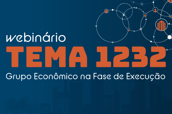 Banner institucional na cor azul escuro, com elementos gráficos em laranja e branco. No lado esquerdo, em destaque, aparece o título: Webinário TEMA 1232 Grupo Econômico na Fase de Execução, Data: 12 de dezembro, Horário: 14h às 17h, Transmissão: YouTube Enamat. Na parte inferior esquerda do banner aparecem três logotipos: Execução Trabalhista, Enamat, Justiça do Trabalho. No lado direito da imagem, há uma composição gráfica de círculos interligados por linhas, formando uma representação de rede.